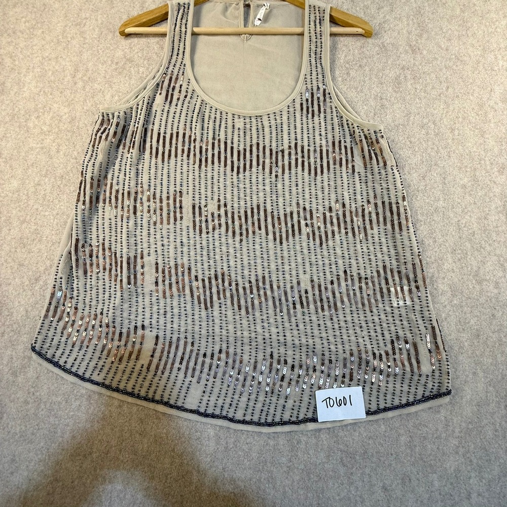 Willow & Clay Tan Chiffon Sequin Beaded Tank‎ Top Womens L Keyhole Back Scoop
